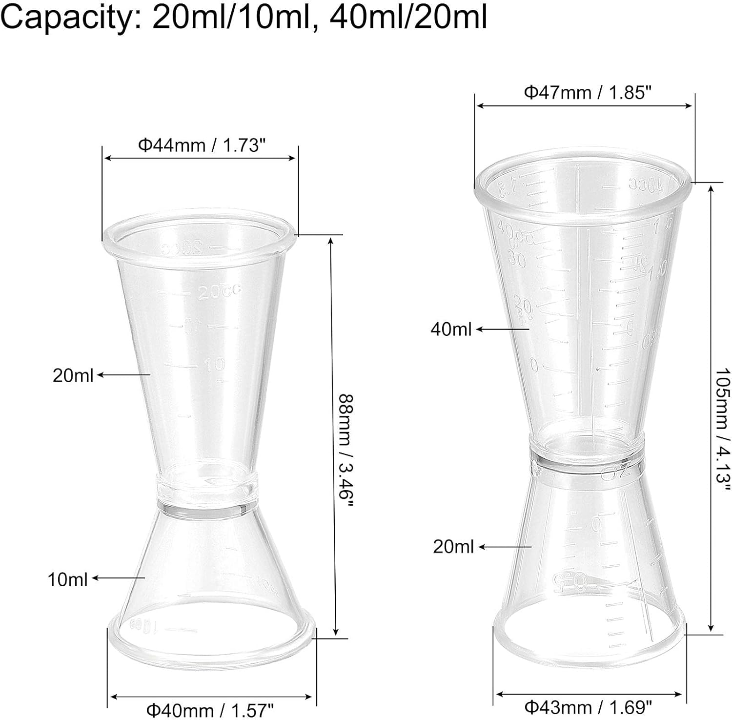 Olmecs Measuring Cup 20ml/10ml, 40ml/20ml, PC Plastic Double Head Beaker for Lab Kitchen Liquids 4in2 Sets