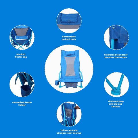 Procamp Low Foldable Beach Chair with Cooler & Pillow – Ideal Travel, Camping, and Outdoor Relaxing Chair