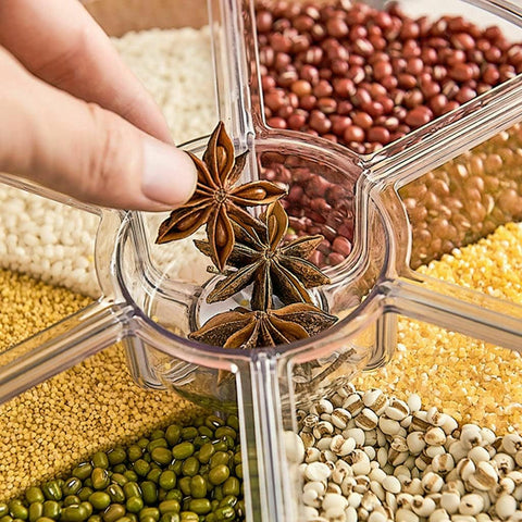 Kitchen Organizer For Grains & Cereals, 6- Grid Round Food Dispenser 360° Rotating Cereal Dispenser, Transparent Dry Food Containers