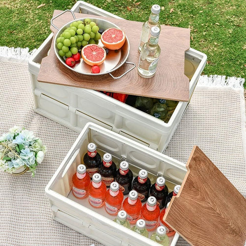 Foldable Plastic Storage Box 20L, Wooden Cover, Thickened Outdoor Foldable Storage Box