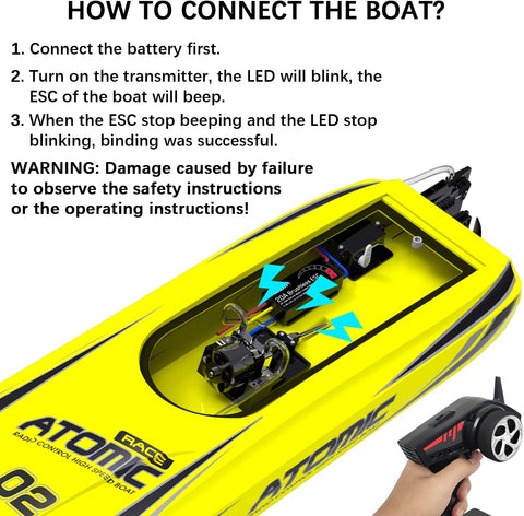 VOLANTEXRC Atomic Brushless Remote Control Outdoor Electric Racing Boat 45MPH for Pools and Lakes with Rechargeable Battery, Yellow