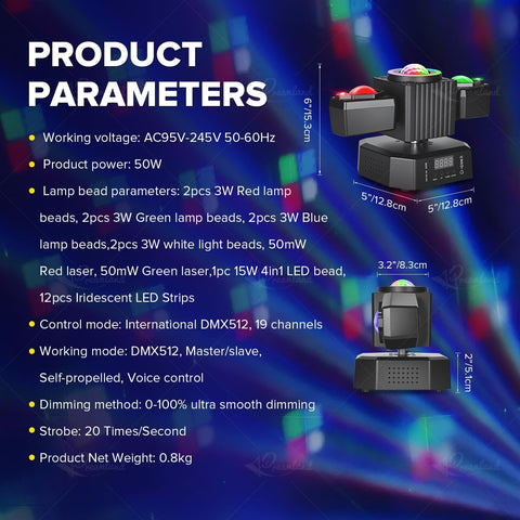 Olmecs 50W LED Beam Moving Head Light Red Green Laser Disco Light with Magic Ball Rotating Remote Control Suitable for DJ Party