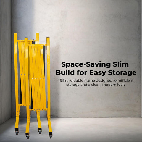 Olmecs Expandable Metal Barrier 2.5Meter – Yellow Steel Folding Security Barrier with Lockable Wheels – Portable Fence for Traffic Control,