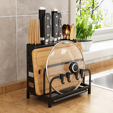 Multifunctional Cutting Board and Knife Drying Rack Kitchen Countertop Pot Lids Organizer