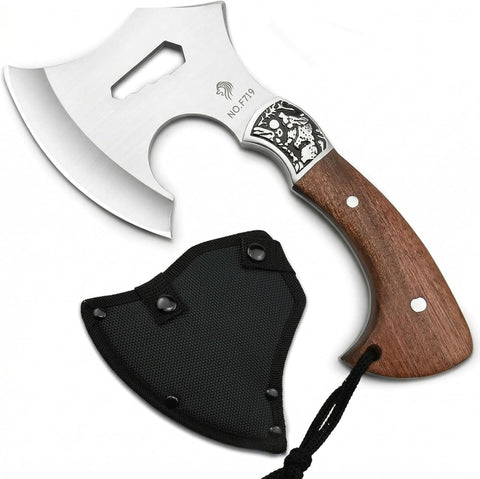 Compact Hand Axe with Wooden Handle – Camping Hatchet Chopping Axe with Leather Sheath for Wood Splitting, Survival Tactical Axe, Outdoor Bushcraft (Hunter Grip Axe)