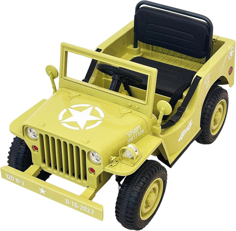 VLRA BIKE Kids Military Style Electric Ride-On Jeep, with Shovel, Realistic Military Details, Rugged Wheels 12V 3-6years