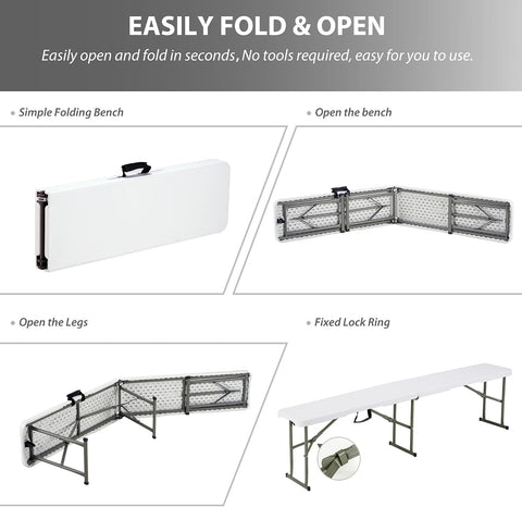 Olmecs 6ft Plastic Folding Bench with Carrying Handle & Lock, Portable Outdoor Bench (2Pc Pack)