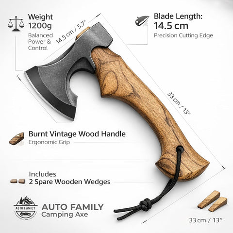 Compact Hand Axe with Wooden Handle – Camping Hatchet Chopping Axe with Leather Sheath for Wood Splitting, Survival Tactical Axe, Outdoor Bushcraft (Compact Axe)