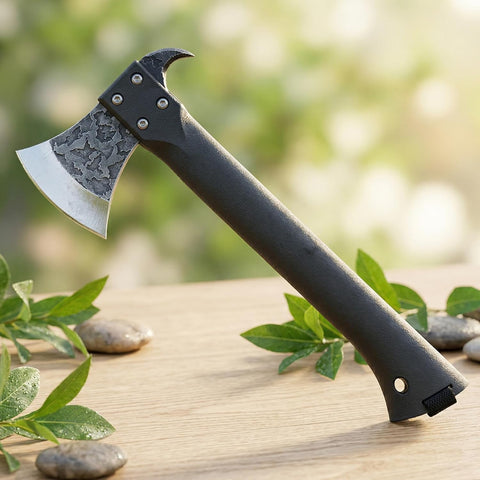Compact Hand Axe with Wooden Handle – Camping Hatchet Chopping Axe with Leather Sheath for Wood Splitting, Survival Tactical Axe, Outdoor Bushcraft (ForgeMaster Axe)
