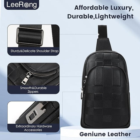 LeeRong Fingerprint Unlock Anti Theft Proof Crossbody Bag Men for Travel Genuine Leather Purse