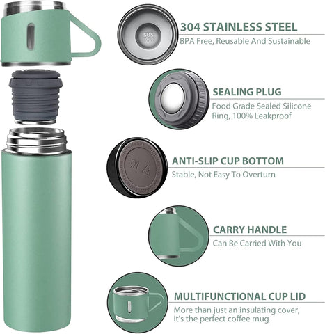 500ml Stainless Steel Vacuum Thermos flask with Silicone Handle and Insulated Water bottle with 2 stainless steel cups