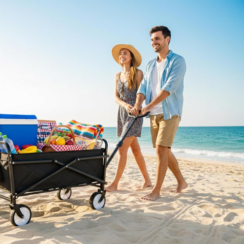 Procamp Value Beach Trolley | Durable Black Foldable Cart With Wheels - Camping Beach Wagon Trolley For Easy Pulling
