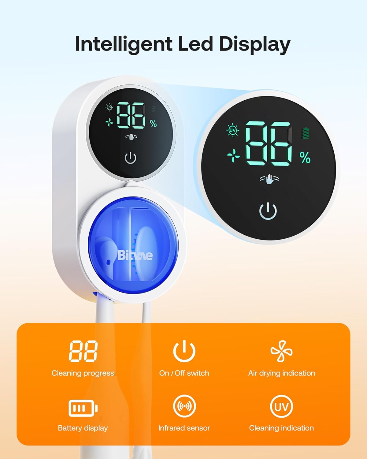 Bitvae Toothbrush Cleaner, Cleaning and Air Drying, LED Smart Screen, Rechargeable Wall Mount Toothbrush Holder
