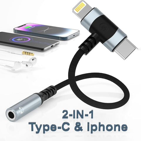 Lightning to 3.5mm, 2-in-1 USB-C to 3.5mm with HiFi Audio Quality, Functional Headphone Jack Adapter with Wide Compatibility