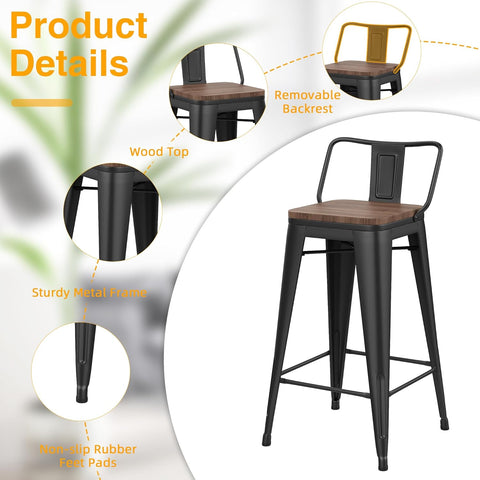 Olmecs Metal Bar Chair With Back Support High, Black Walnut Wood High Chair