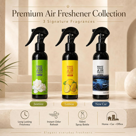 Jasmine, Lemon, New Car Combo Pack of 3, 150 ml Car Air Freshener Spray – Long Lasting Odor Eliminator for Car