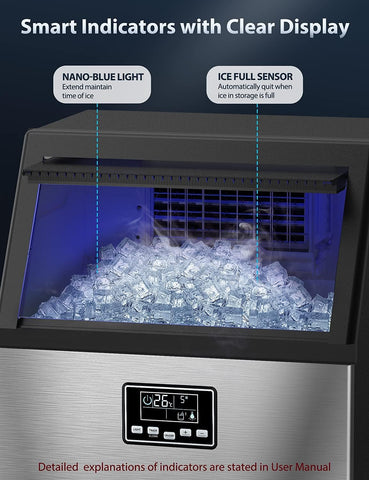 Ice Maker Commercial Machine Self Clean, 44 Cubes per Batch in 11-18 Minutes 100KG/24H,15KG Storage Bin, Advanced LCD Panel w/Clear Indicators, Freestanding for Restaurant/Home/Food Truck Use