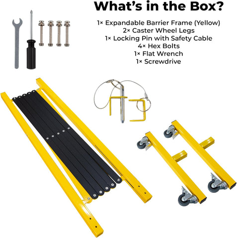 Olmecs Expandable Metal Barrier 2.5Meter – Yellow Steel Folding Security Barrier with Lockable Wheels – Portable Fence for Traffic Control,
