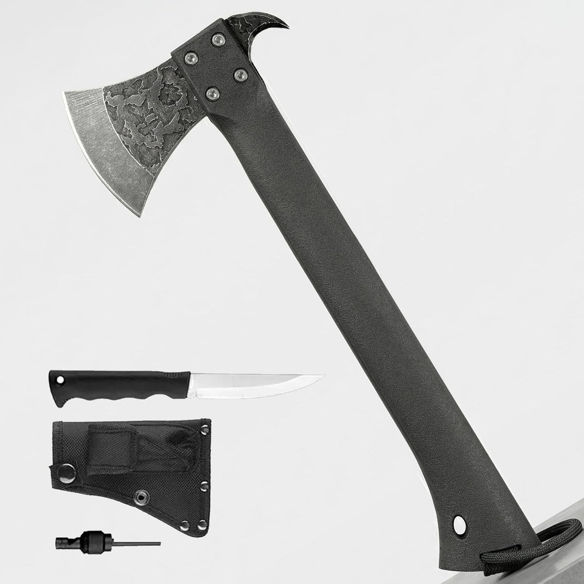 Compact Hand Axe with Wooden Handle – Camping Hatchet Chopping Axe with Leather Sheath for Wood Splitting, Survival Tactical Axe, Outdoor Bushcraft (ForgeMaster Axe)