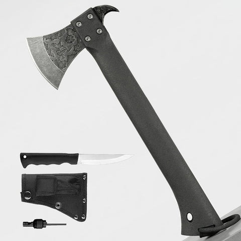 Compact Hand Axe with Wooden Handle – Camping Hatchet Chopping Axe with Leather Sheath for Wood Splitting, Survival Tactical Axe, Outdoor Bushcraft (ForgeMaster Axe)