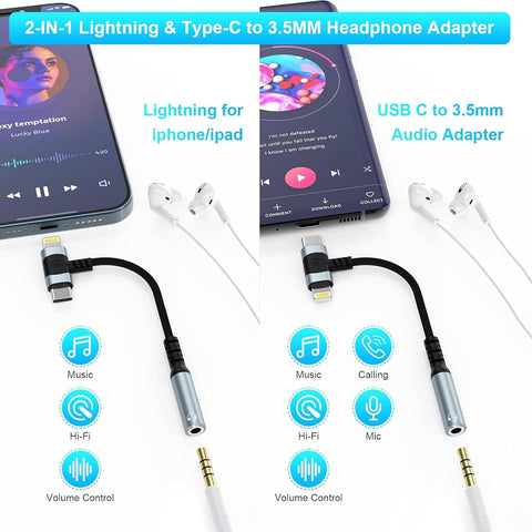 Lightning to 3.5mm, 2-in-1 USB-C to 3.5mm with HiFi Audio Quality, Functional Headphone Jack Adapter with Wide Compatibility