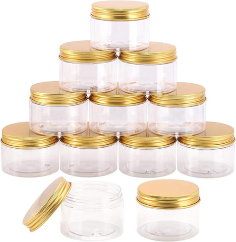 WILLOW Small Plastic Storage Jars with Lids, Clear Container Jars with Gold Screw Caps for Dry Food, Snacks (12Pc Pack)