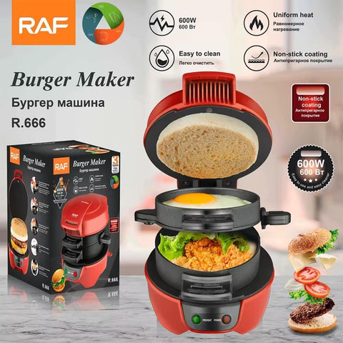 RAF Electric Burger Maker with Preheat Function, Non-Stick Cooking Surface