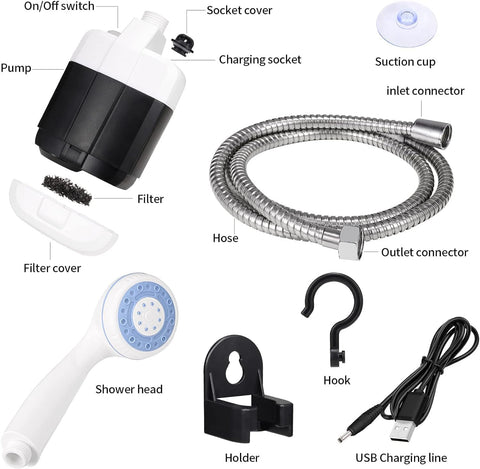 Electric Rechargeable Portable Camping Shower, Powered by Rechargeable Battery for Camping, Hiking, Traveling