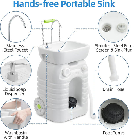 Portable Camping Sink, 45 L Handwashing Station with Adjustable Wash Basin, Soap Dispenser, Metal Handle