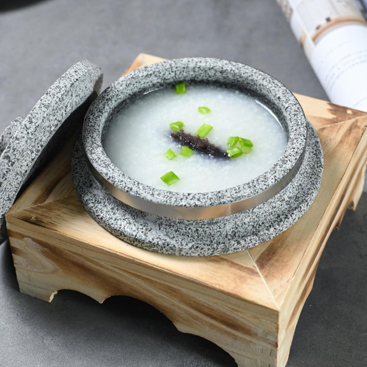 Korean Stone Bowl Cooking Pot with Wood Tray