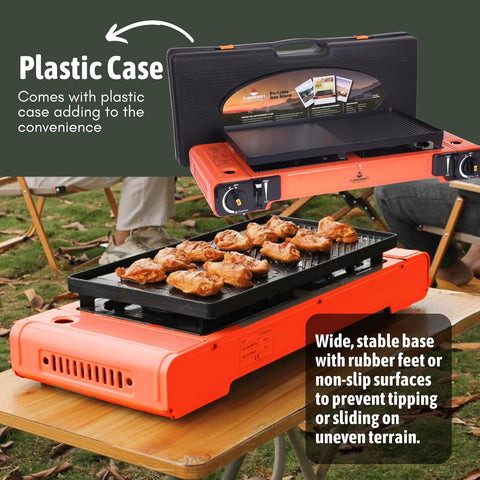 Procamp FlameKraft | Double Burner Camping Stove with Non-Stick Cast Aluminum Griddle