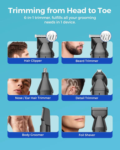 Glaker CC5136 Waterproof 6 in 1 Complete Grooming Kits for Mustache Nose Ear Facial Body Hair Trimming