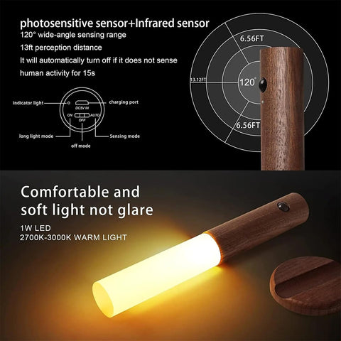 Indoor LED Night Light with Motion Sensor Wooden Wall Light Magnetic USB - Olmecs