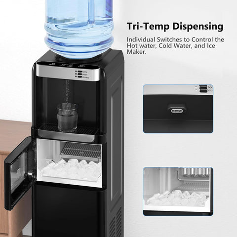 Water Dispenser with Ice Maker Function, Top Loading Hot and Cold Water Cooler for 5 Gallon Bottle - Hicon