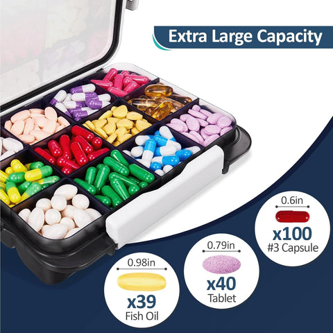 Fullicon Daily Travel Moisture Proof Medicine Box with 12 Extra Large Compartment, Pill Organizer with 3 Secured Buckles