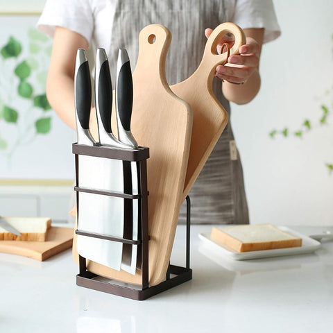 Metal Steel Cutting Board Holder Knife Block Kitchen Organizer Pantry Bakeware Rack Pan Pot Cover Lid Rack Stand (Bronze)
