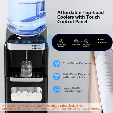 Water Dispenser with Ice Maker Function, Top Loading Hot and Cold Water Cooler for 5 Gallon Bottle - Hicon
