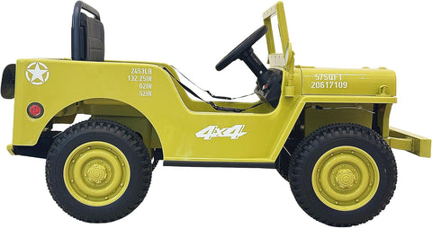 VLRA BIKE Kids Military Style Electric Ride-On Jeep, with Shovel, Realistic Military Details, Rugged Wheels 12V 3-6years