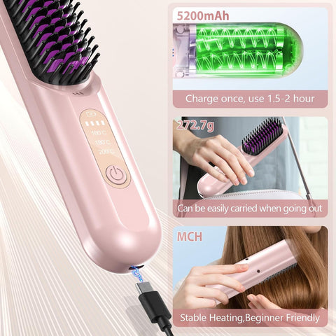 Rechargeable Mini Cordless Straightener, Portable Heated Brush