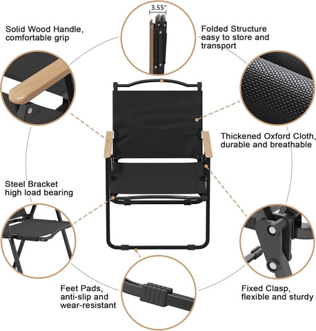Foldable Camping Chair with Cup Holder Black, Outdoor Portable Foldable Chair