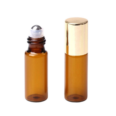 Willow Set of 24, 5ml Amber Glass Bottles with Stainless Steel Roller Balls & Gold Lid