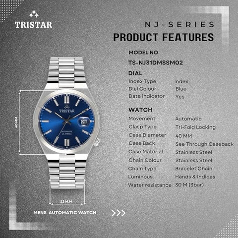 Tristar NJ Series Men's Automatic Watch Blue Index Dial Stainless Steel Bracelet Wrist Watch for Men