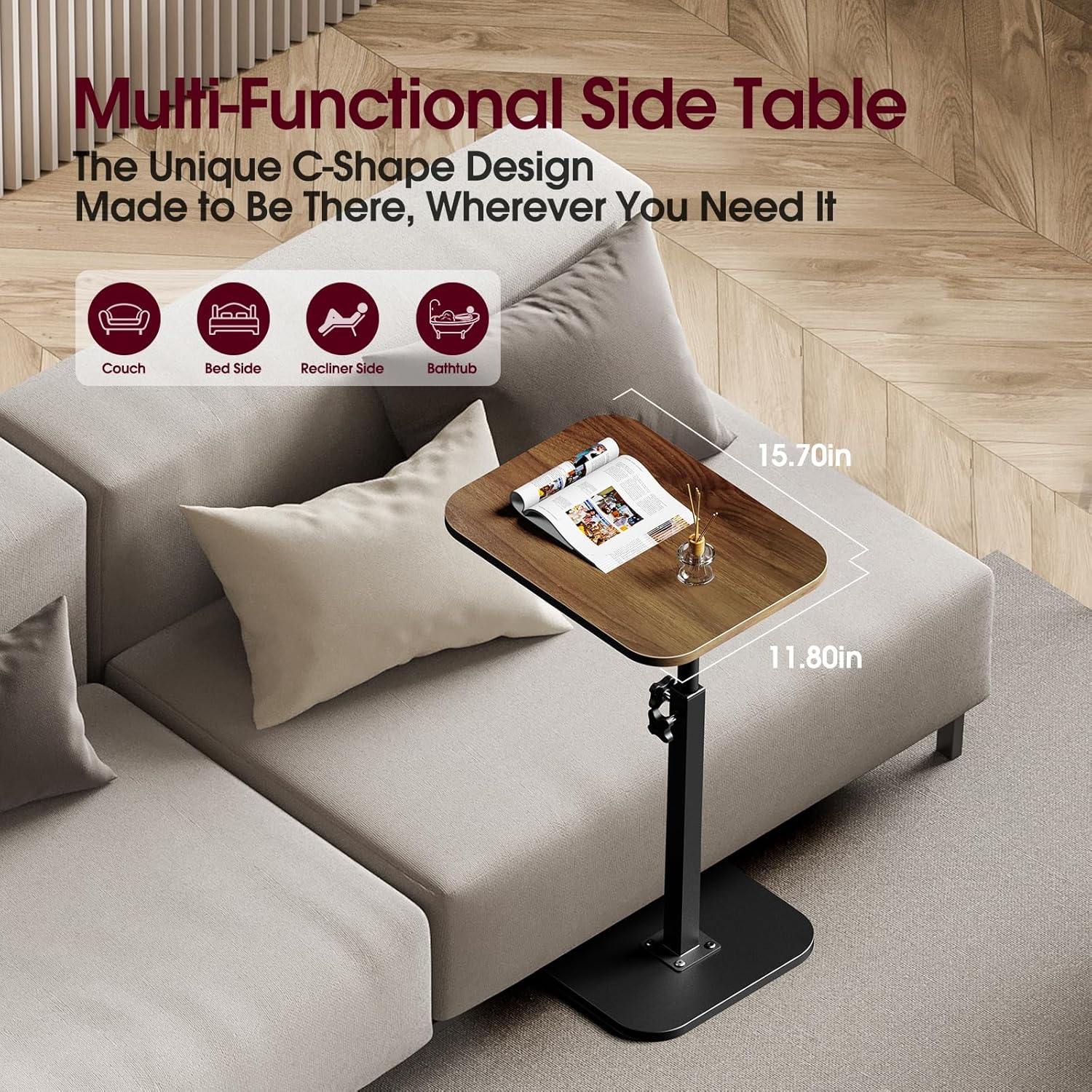 C-Shaped Adjustable Pedestal Side Table Night Stand with 360° Rotating Top