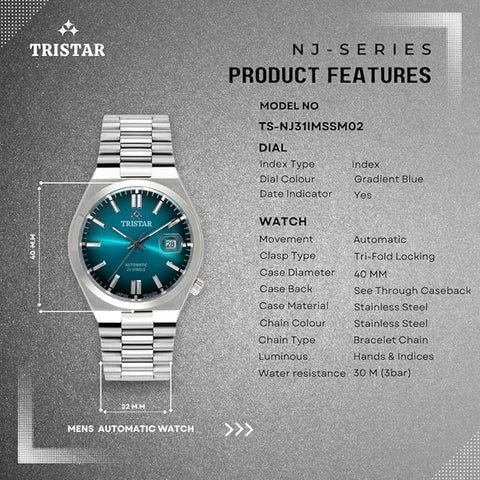 Tristar NJ Series Men's Automatic Watch Gradiant Blue Index Dial Stainless Steel Bracelet Wrist Watch for Men