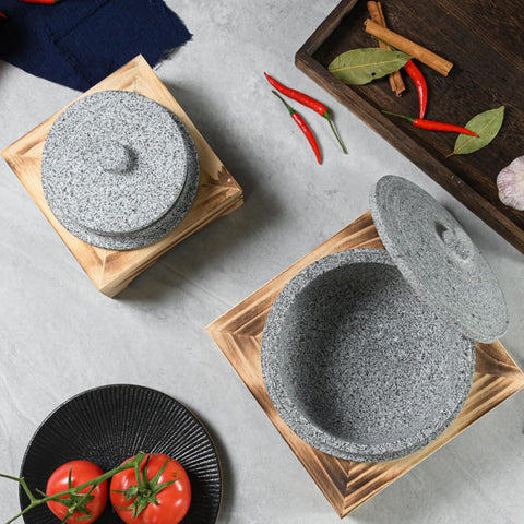 Korean Stone Bowl Cooking Pot with Wood Tray