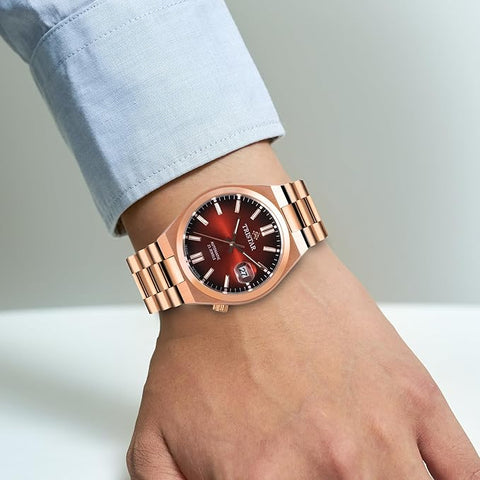Tristar NJ Series Men's Automatic Watch Scarlet Red Index Dial Rose Gold Bracelet Wrist Watch for Men