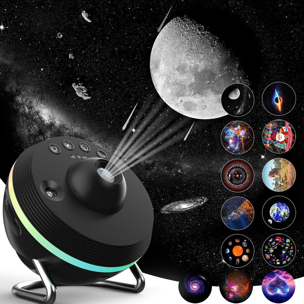 360 Degree Rotation Galaxy Night Light with 4K Replaceable 13 Galaxy Discs Large Projection Area Sky Night Light for Kids Adults