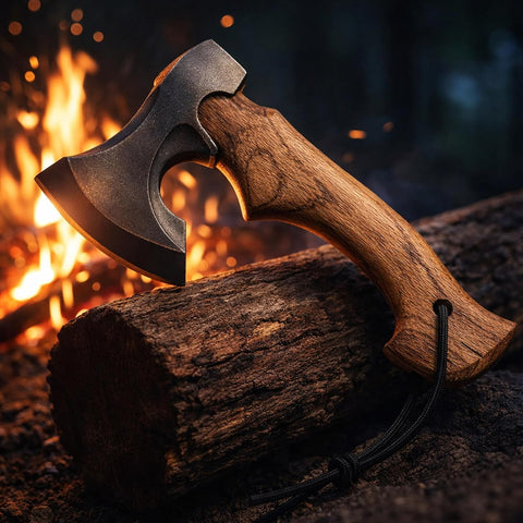 Compact Hand Axe with Wooden Handle – Camping Hatchet Chopping Axe with Leather Sheath for Wood Splitting, Survival Tactical Axe, Outdoor Bushcraft (Compact Axe)