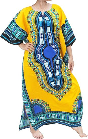 Womens 100% Cotton Long Kaftan Dress Summer Dashiki African Print - Tribe