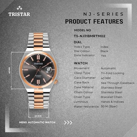 Tristar NJ Series Men's Automatic Watch Black Index Dial Rose Gold 2 Tone Bracelet Wrist Watch for Men